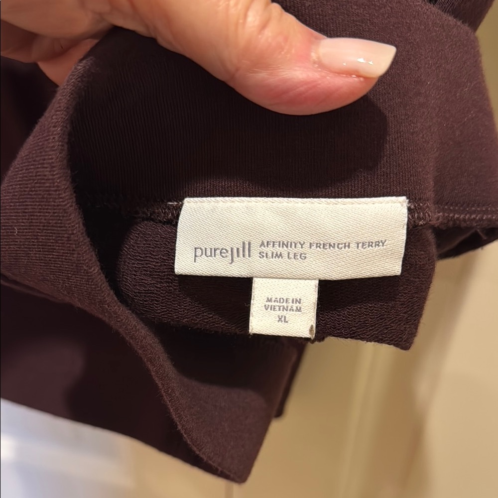 Pure Jill Brown affinity French Terry XL Slim Leg Pants in Mulled wine color
